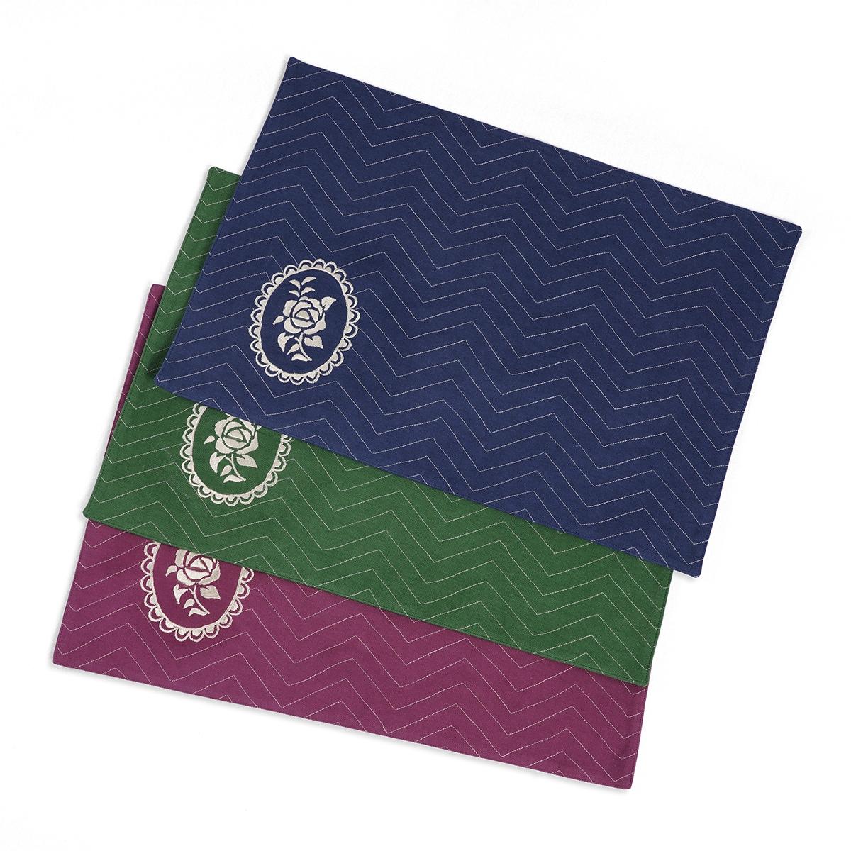 Indigo Blue Cotton Placemat with Chevron Rose Embroidery
