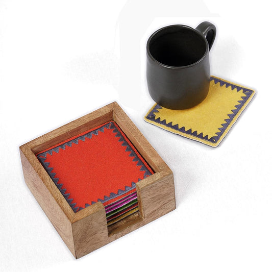 Premium Reversible Felt Embroidered Coaster Set with Wooden Box