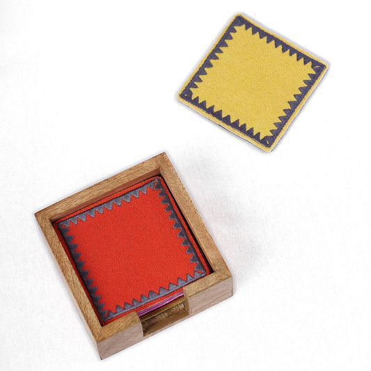Premium Reversible Felt Embroidered Coaster Set with Wooden Box