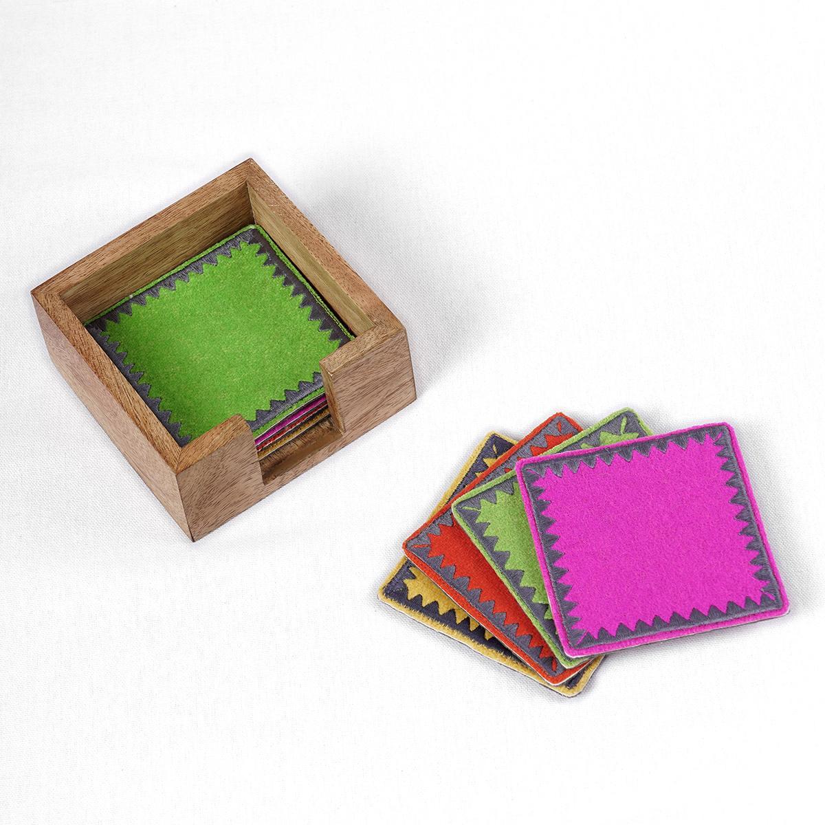 Premium Reversible Felt Embroidered Coaster Set with Wooden Box