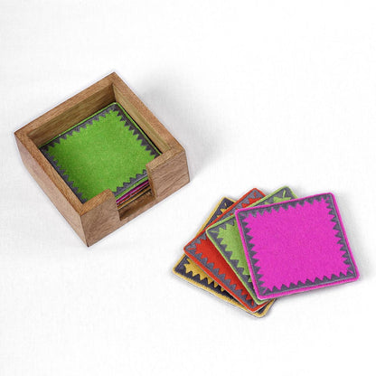Premium Reversible Felt Embroidered Coaster Set with Wooden Box