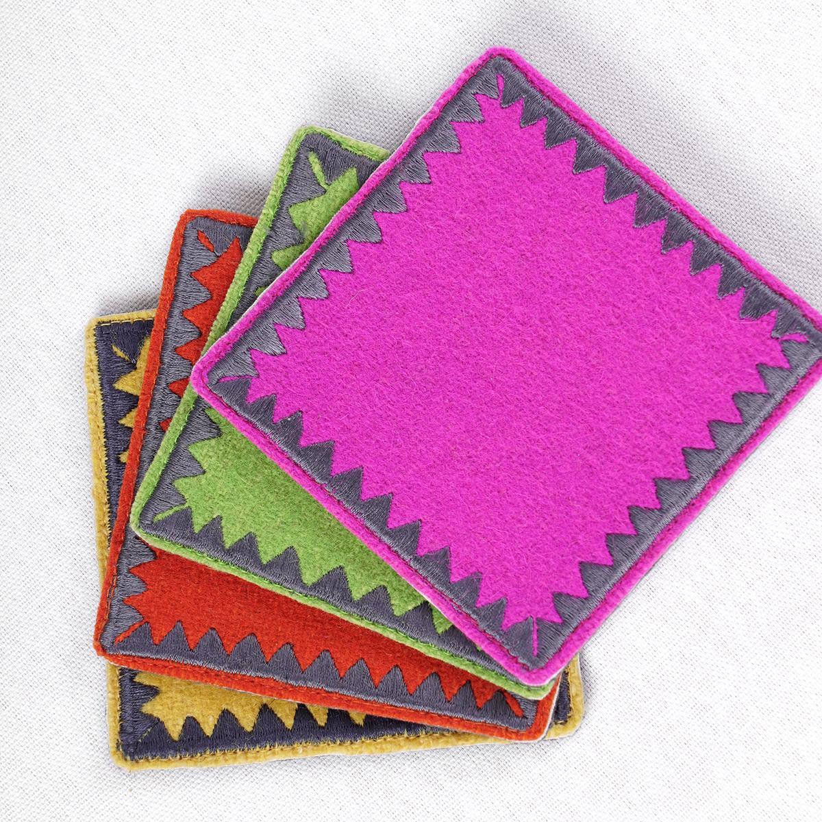 Premium Reversible Felt Embroidered Coaster Set with Wooden Box