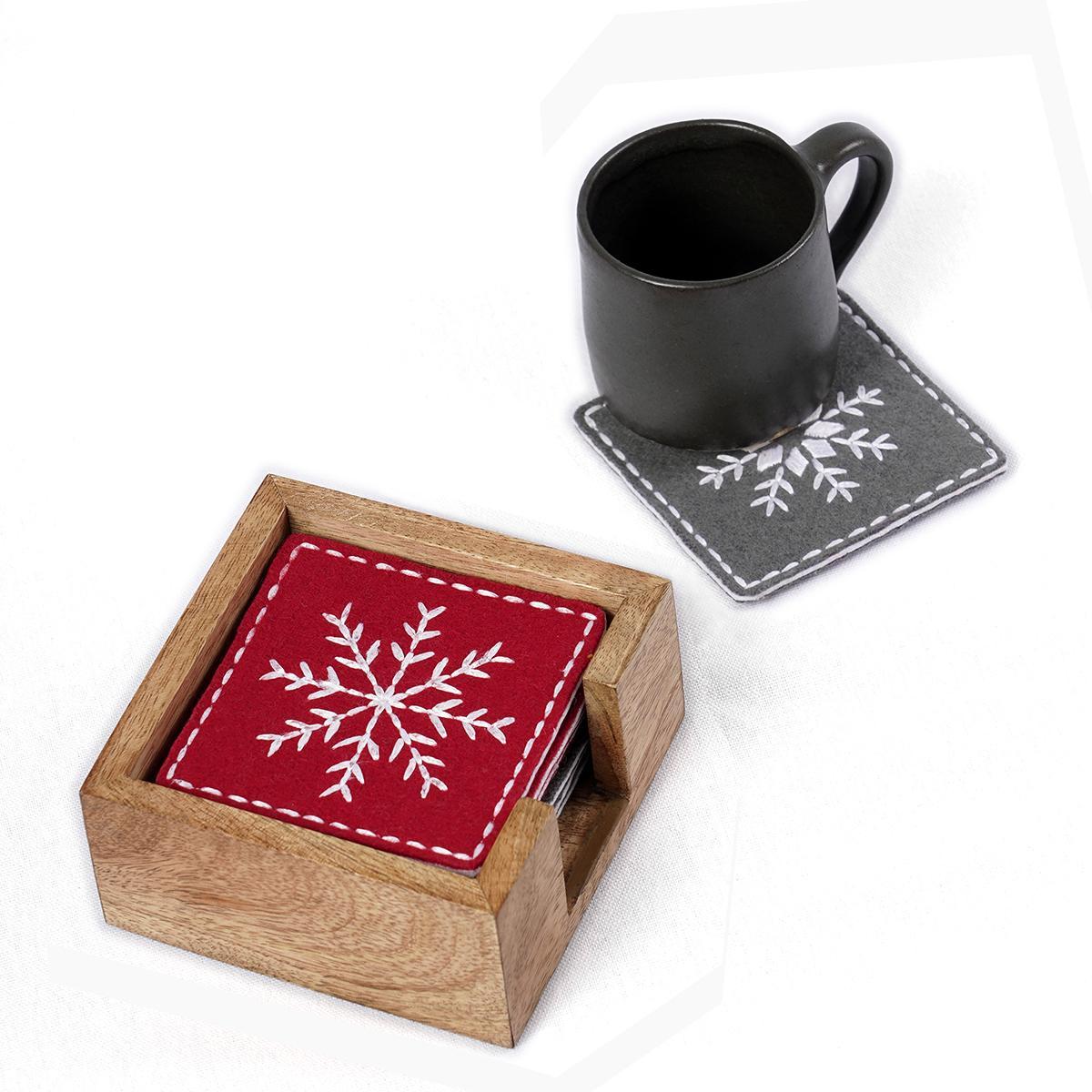 Festive Red & Grey Felt Embroidered Christmas Coaster Set of 8