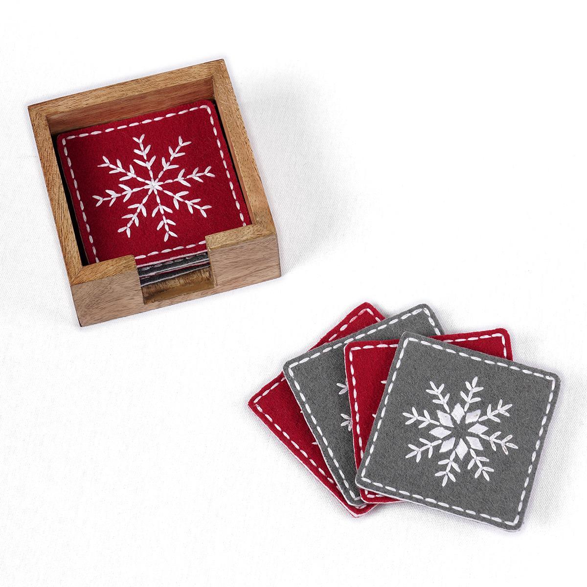 Festive Red & Grey Felt Embroidered Christmas Coaster Set of 8