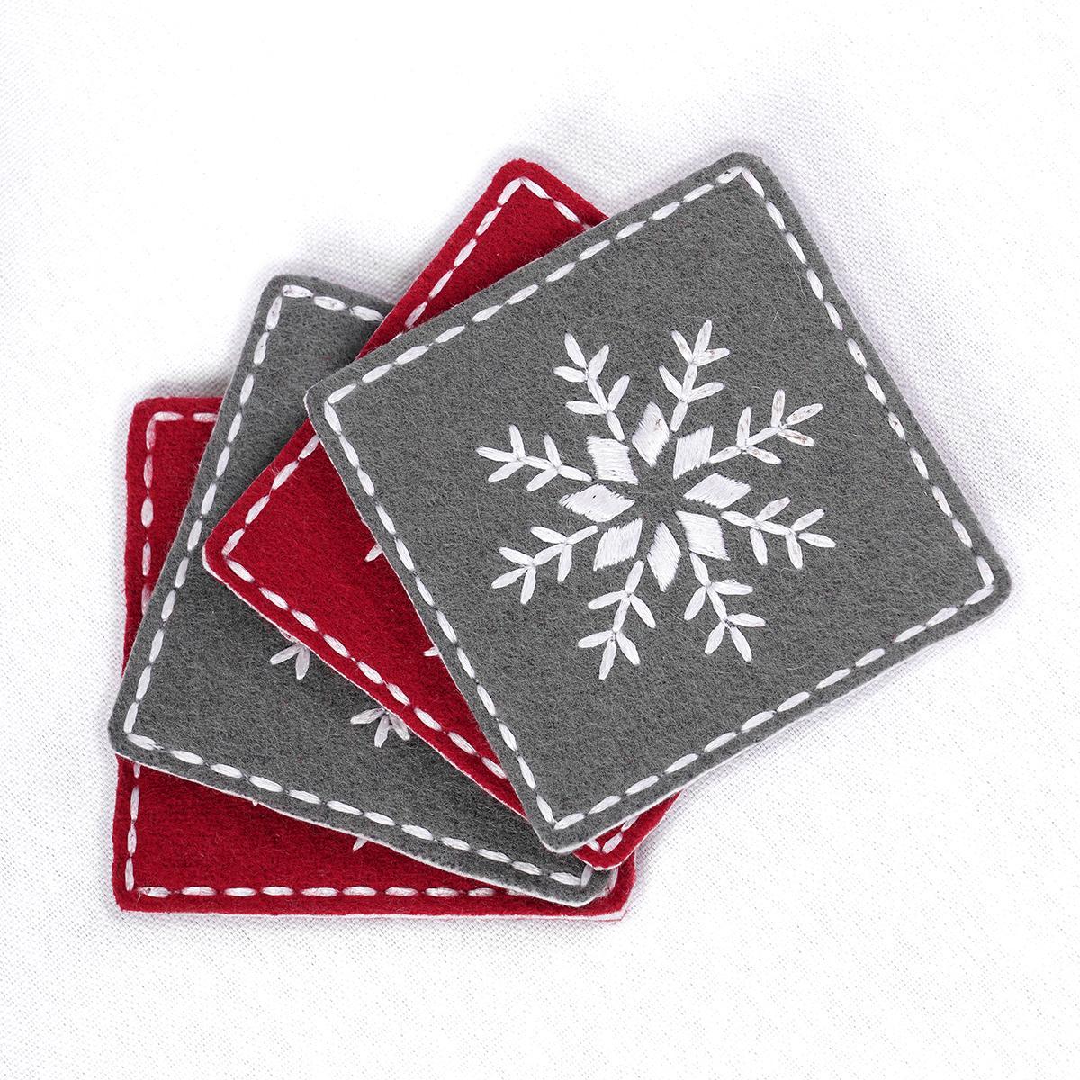 Festive Red & Grey Felt Embroidered Christmas Coaster Set of 8