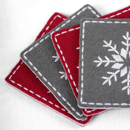 Festive Red & Grey Felt Embroidered Christmas Coaster Set of 8