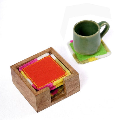 Boho Felt Fringe Coaster Set of 6 with Wooden Box