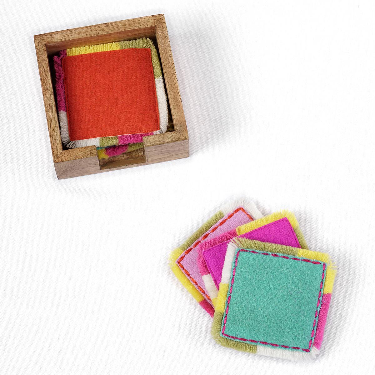 Boho Felt Fringe Coaster Set of 6 with Wooden Box
