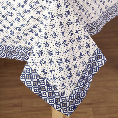 Indigo Dominoterie Small Floral Print Cotton Tablecloth with Geometric Border | Round, 4-Seater & 6-Seater