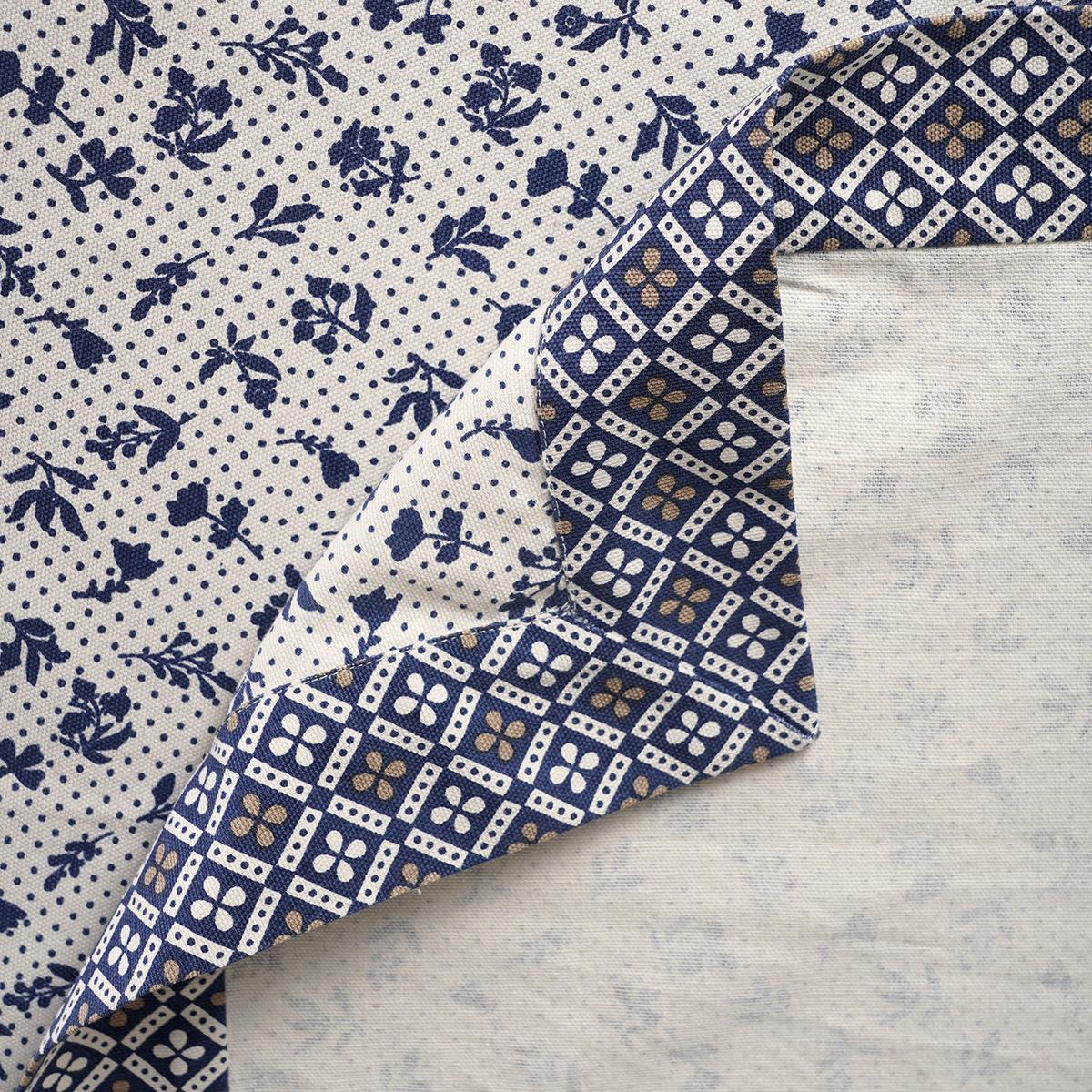 Indigo Dominoterie Small Floral Print Cotton Tablecloth with Geometric Border | Round, 4-Seater & 6-Seater