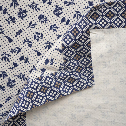 Indigo Dominoterie Small Floral Print Cotton Tablecloth with Geometric Border | Round, 4-Seater & 6-Seater