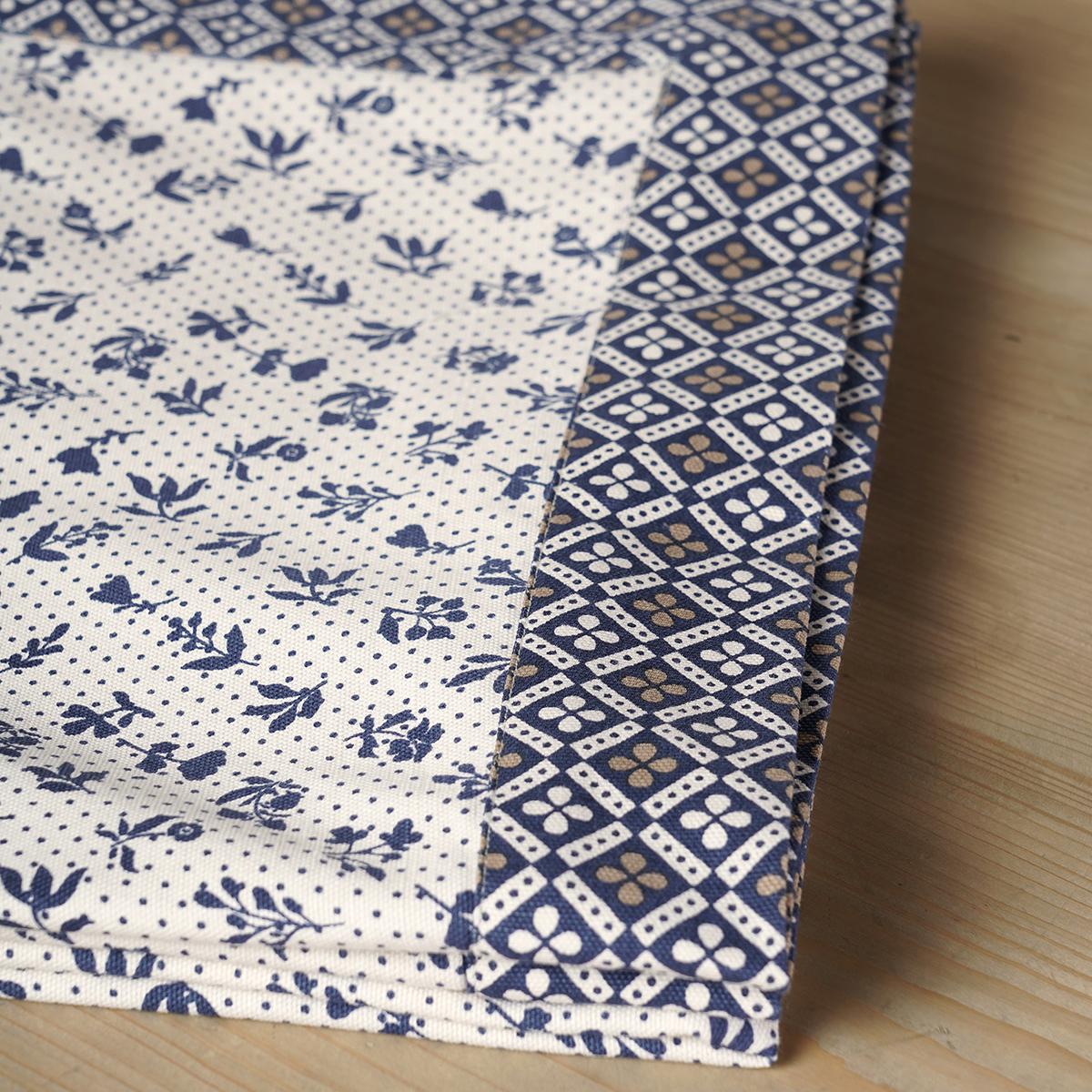 Indigo Dominoterie Small Floral Print Cotton Tablecloth with Geometric Border | Round, 4-Seater & 6-Seater