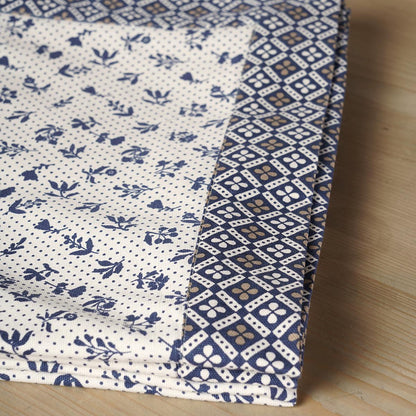 Indigo Dominoterie Small Floral Print Cotton Tablecloth with Geometric Border | Round, 4-Seater & 6-Seater