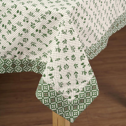 Green Dominoterie Small Floral Print Cotton Tablecloth with Geometric Border | Round, 4-Seater & 6-Seater
