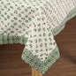 Green Dominoterie Small Floral Print Cotton Tablecloth with Geometric Border | Round, 4-Seater & 6-Seater