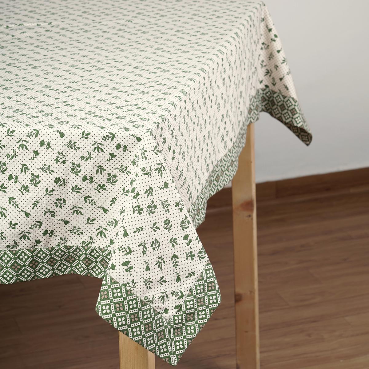 Green DOMINOTERIE Cotton Tablecloth with Small Floral Print & Border