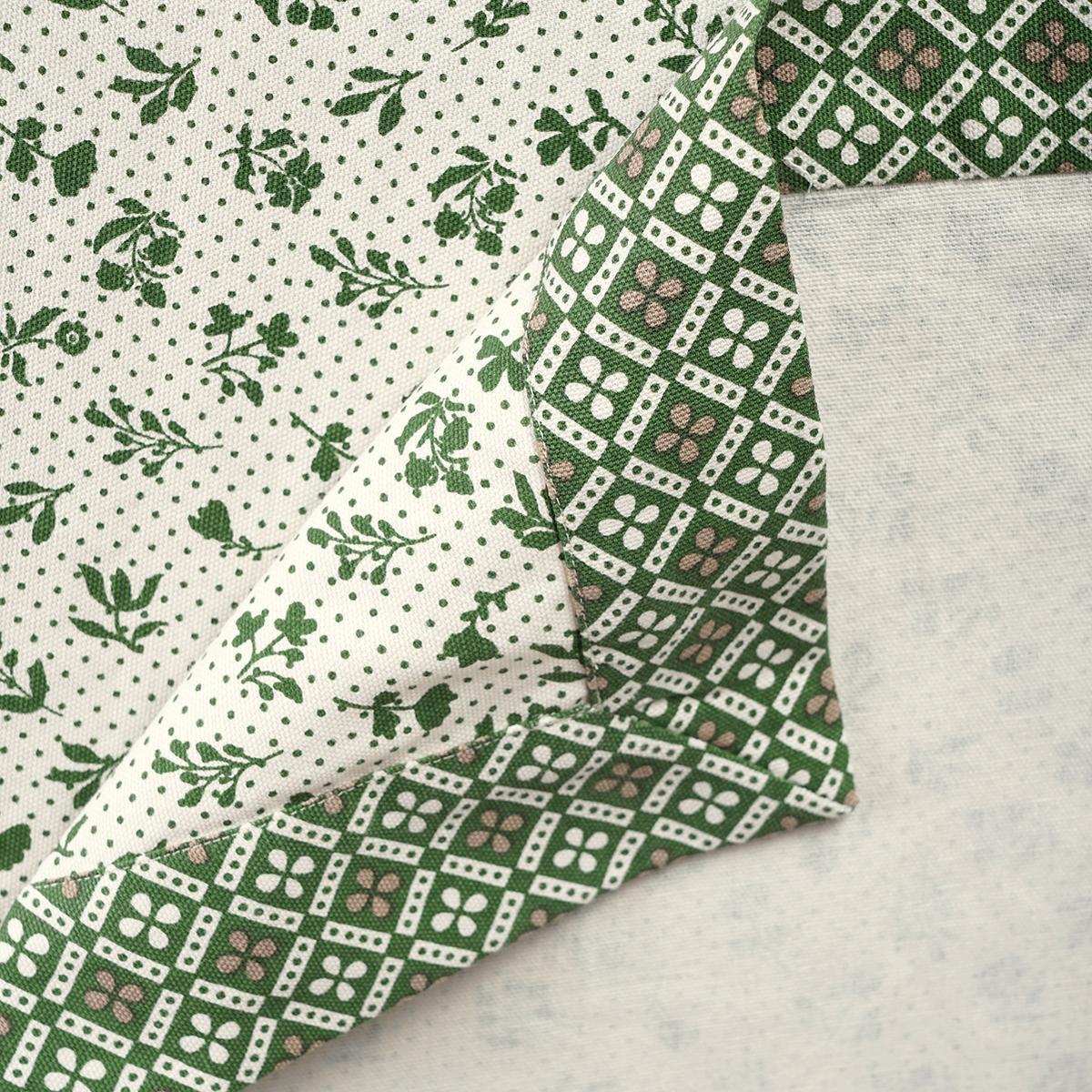 Green Dominoterie Small Floral Print Cotton Tablecloth with Geometric Border | Round, 4-Seater & 6-Seater