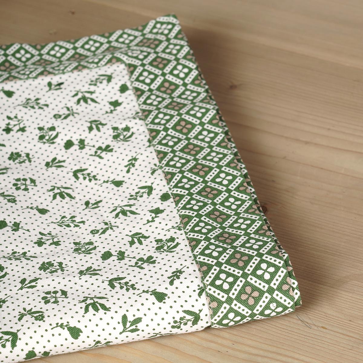 Green Dominoterie Small Floral Print Cotton Tablecloth with Geometric Border | Round, 4-Seater & 6-Seater