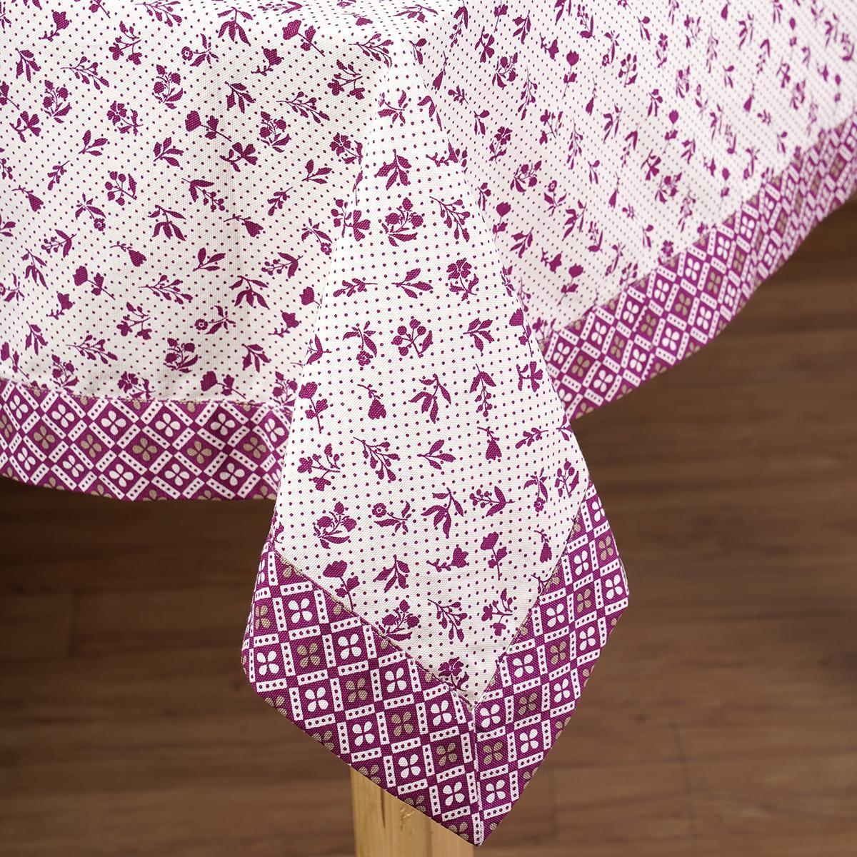 Plum Dominoterie Small Floral Print Cotton Tablecloth with Geometric Border | Round, 4-Seater & 6-Seater