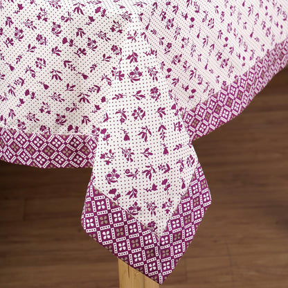 Plum Dominoterie Small Floral Print Cotton Tablecloth with Geometric Border | Round, 4-Seater & 6-Seater