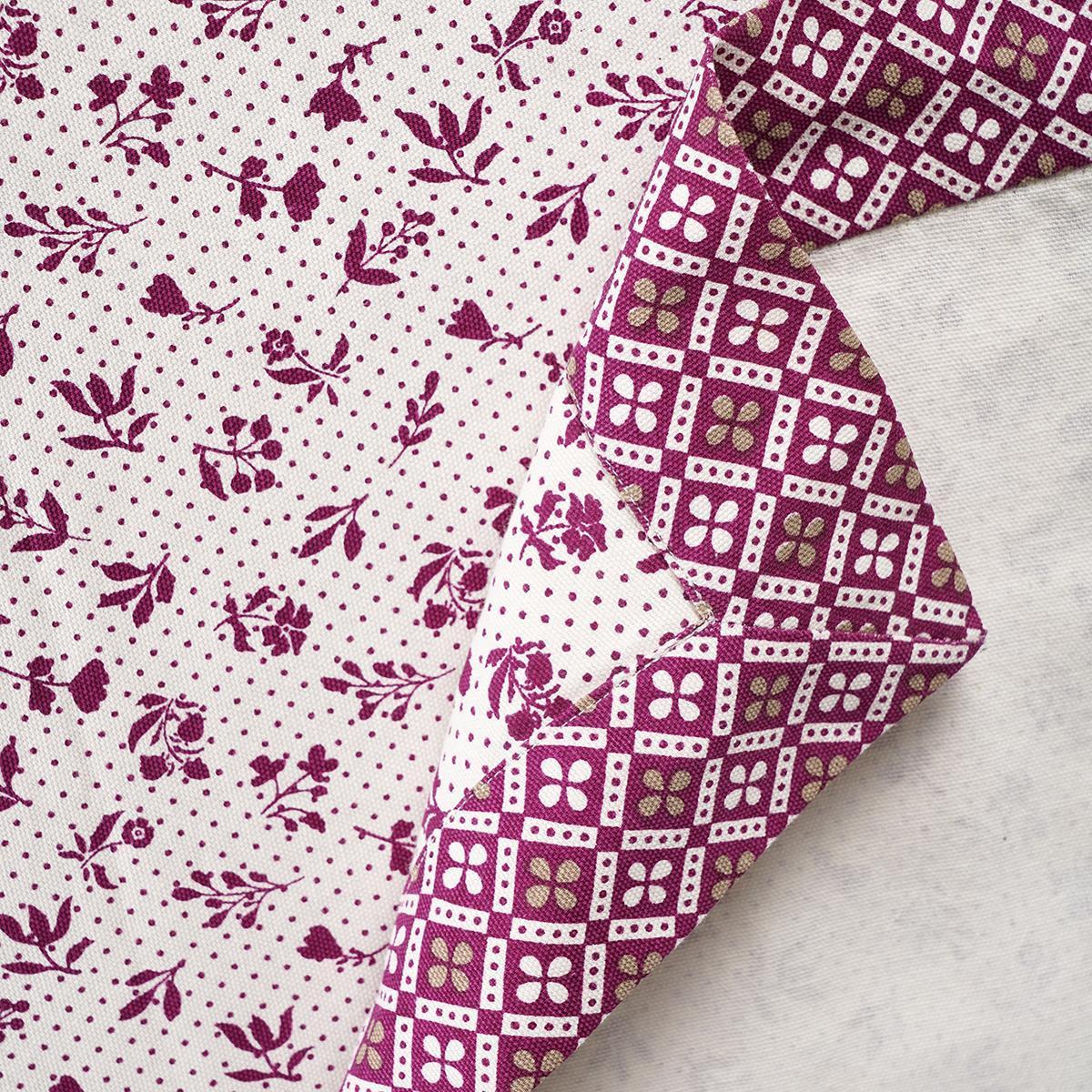 Plum Dominoterie Small Floral Print Cotton Tablecloth with Geometric Border | Round, 4-Seater & 6-Seater