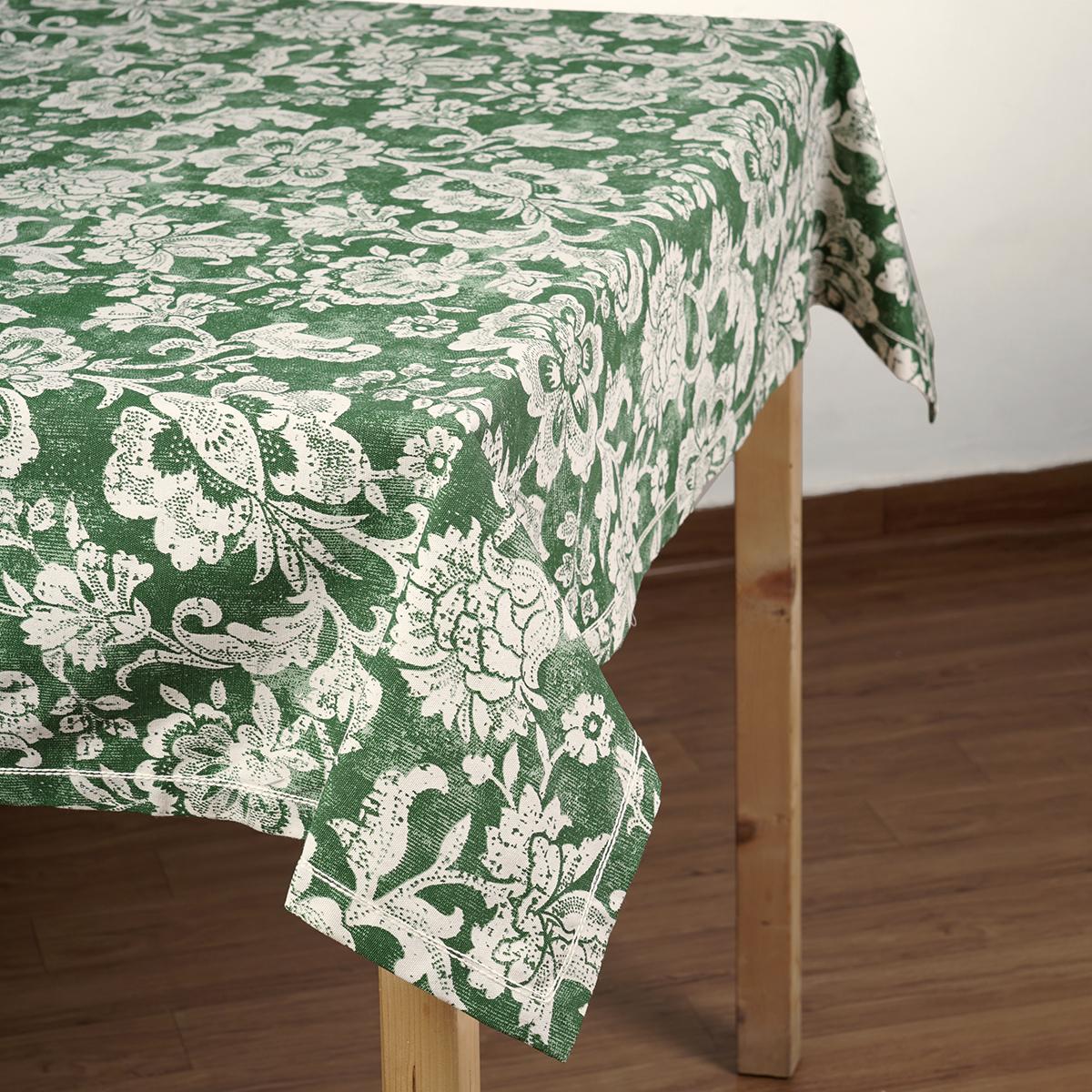 Green Dominoterie Bold Floral Print Cotton Tablecloth | Round, 4-Seater & 6-Seater Sizes
