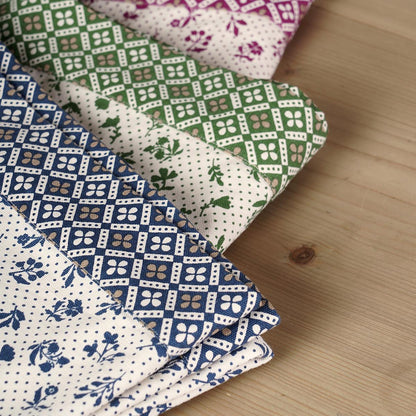 Green Dominoterie Small Floral Print Cotton Tablecloth with Geometric Border | Round, 4-Seater & 6-Seater