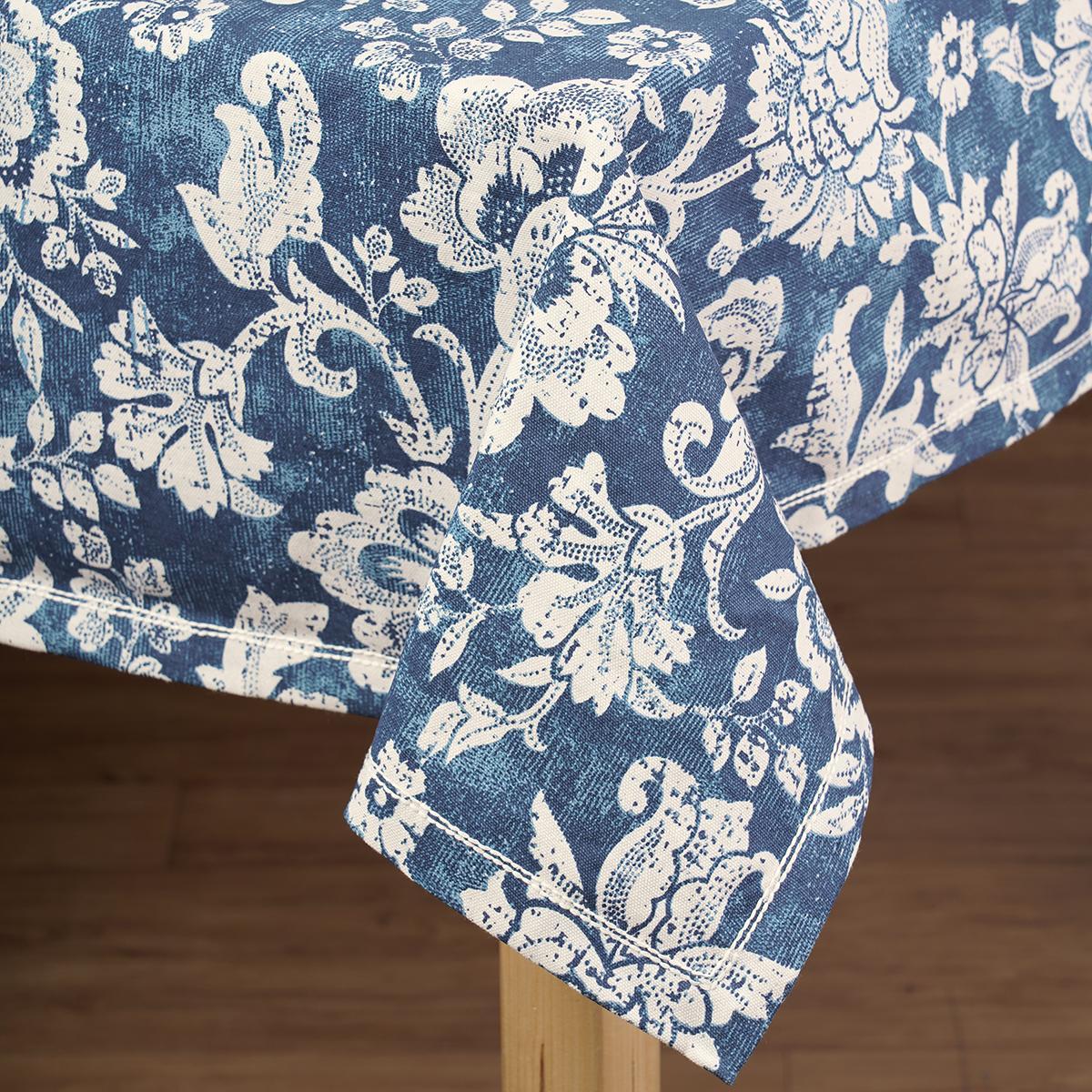Indigo Dark Blue Dominoterie Bold Floral Cotton Table Cover