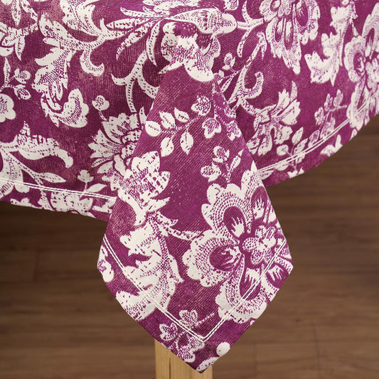 Plum Dominoterie Bold Floral Print Cotton Tablecloth | Round, 4-Seater & 6-Seater Sizes