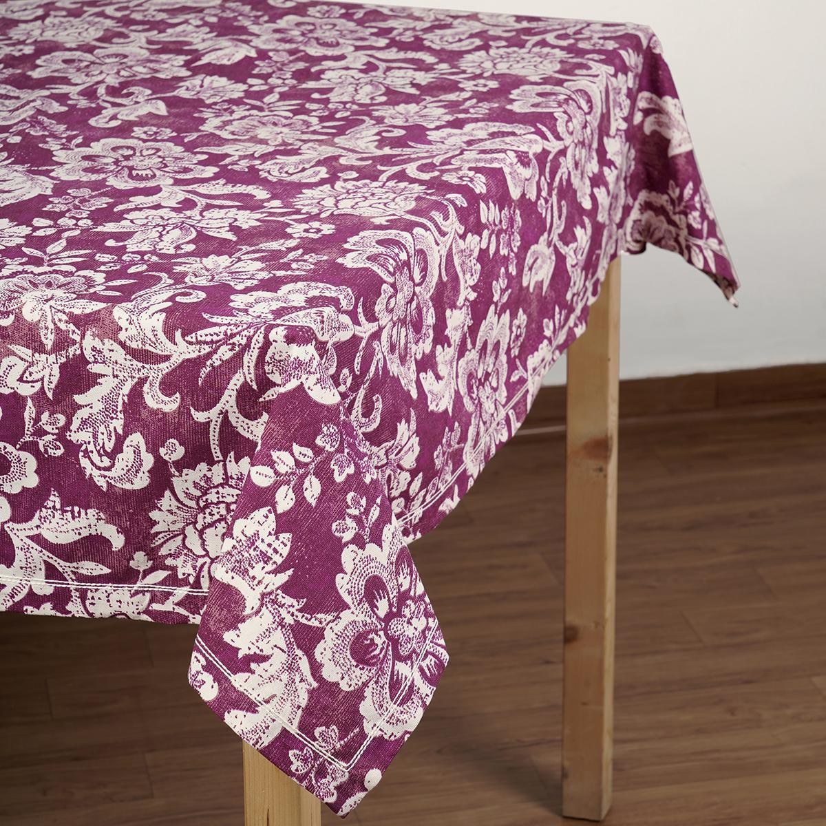 Plum Dominoterie Bold Floral Print Cotton Tablecloth | Round, 4-Seater & 6-Seater Sizes