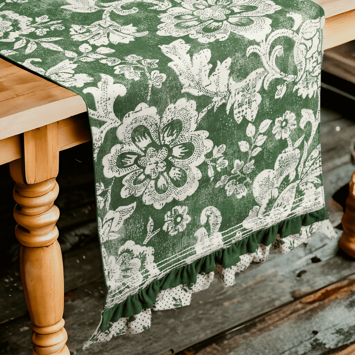 DOMINOTERIE Green Table Runner | Bold Floral Block Print with Frill Border | Cotton