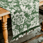 DOMINOTERIE Green Table Runner | Bold Floral Block Print with Frill Border | Cotton