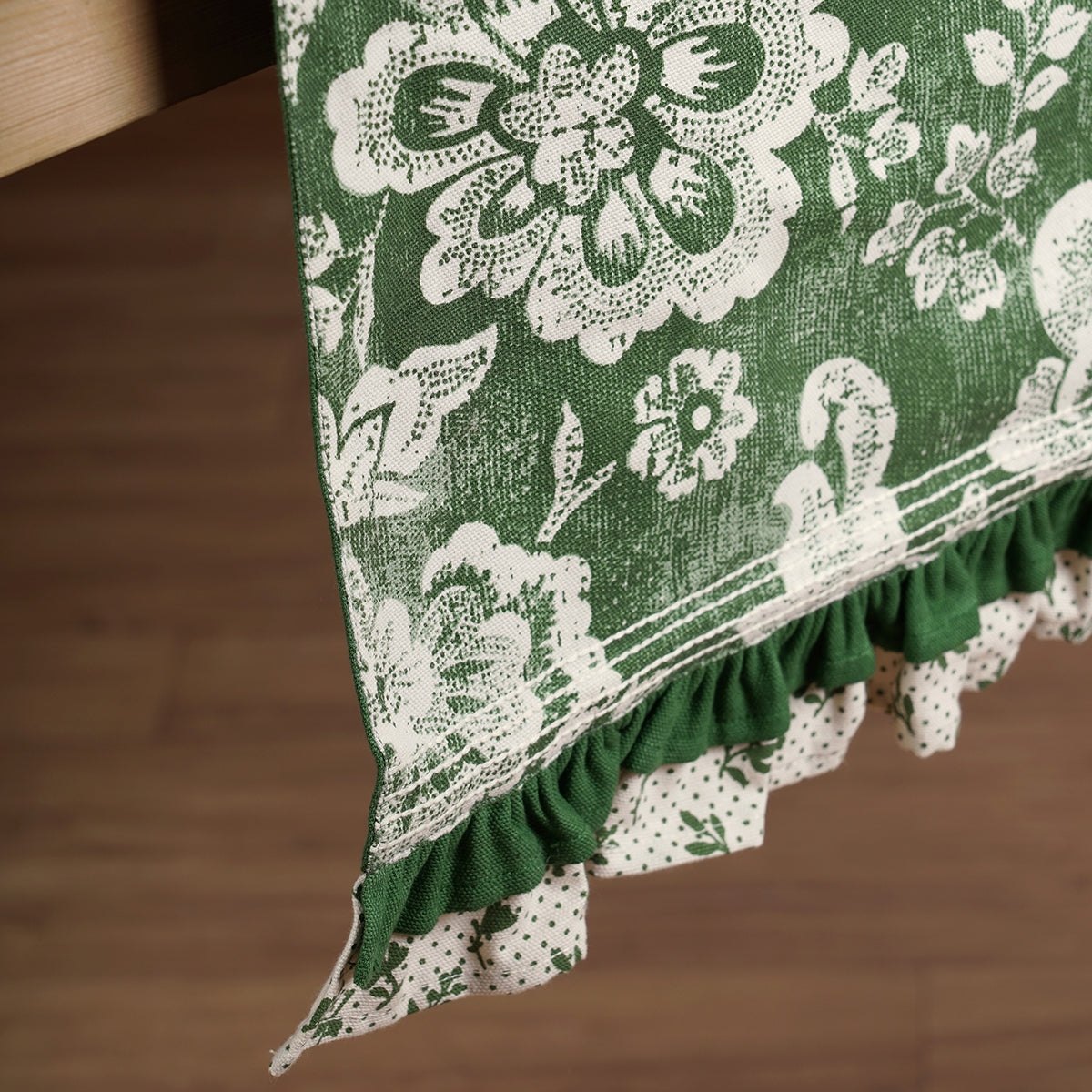 DOMINOTERIE Green Table Runner | Bold Floral Block Print with Frill Border | Cotton