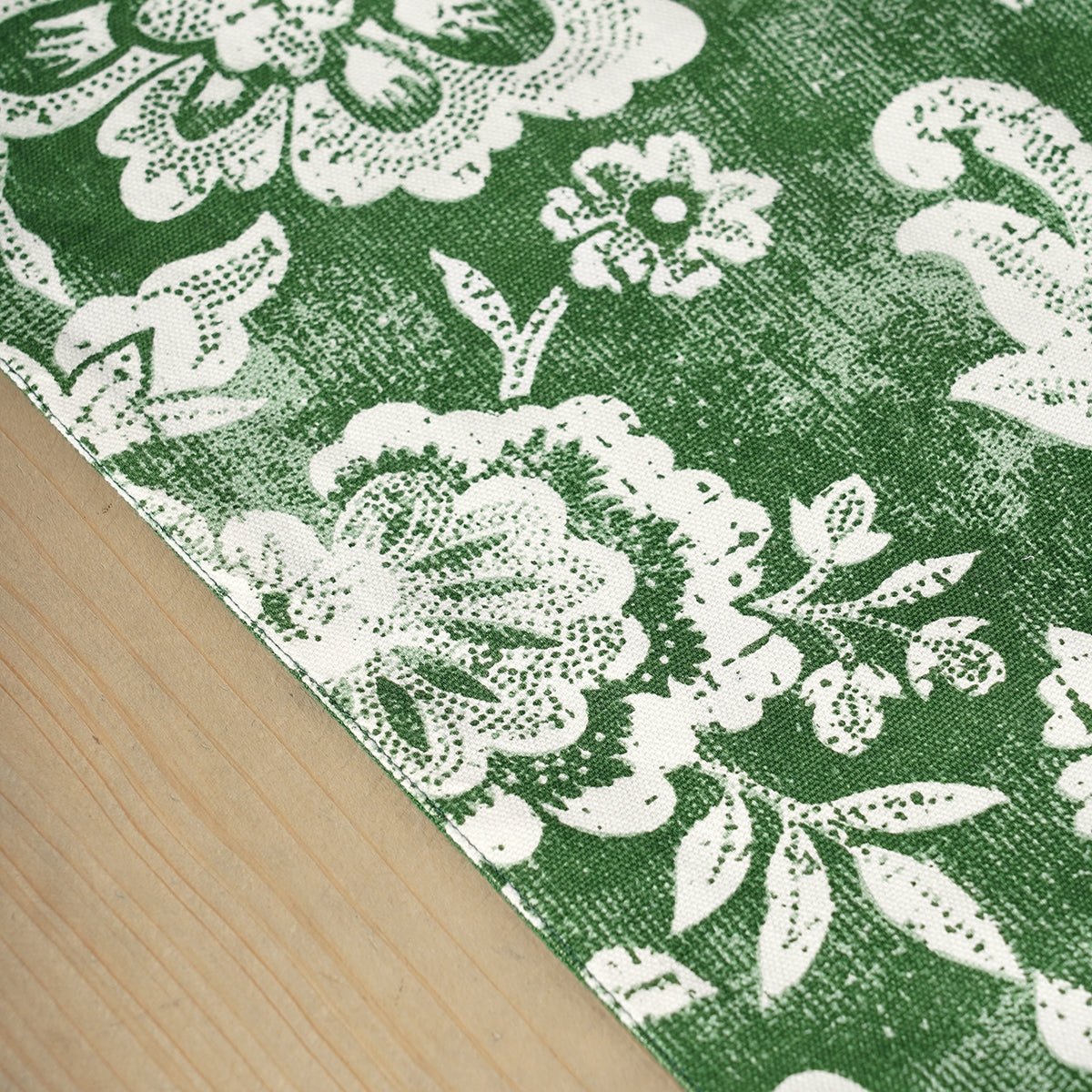 DOMINOTERIE Green Table Runner | Bold Floral Block Print with Frill Border | Cotton