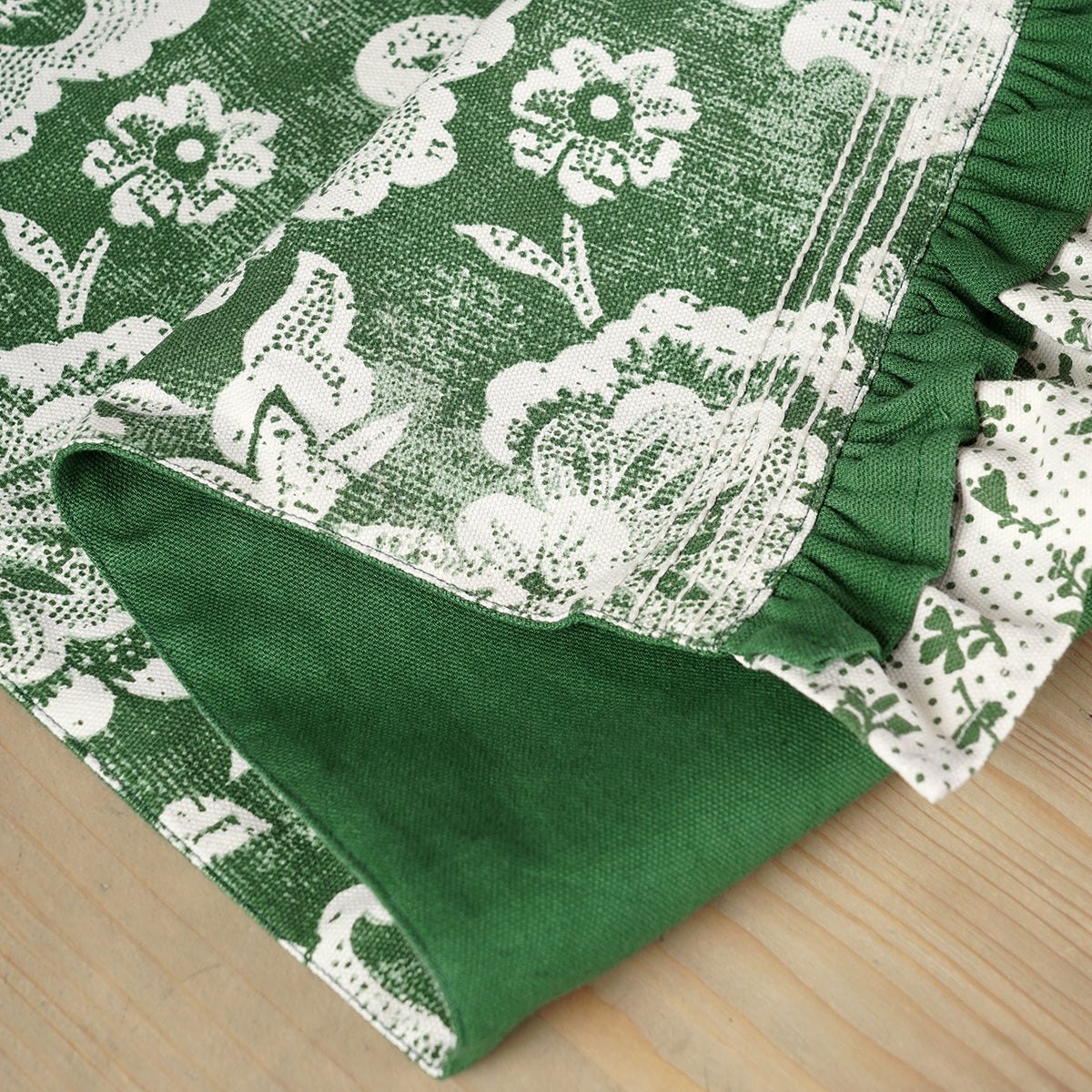 DOMINOTERIE Green Table Runner | Bold Floral Block Print with Frill Border | Cotton