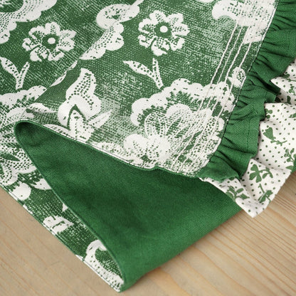 DOMINOTERIE Green Table Runner | Bold Floral Block Print with Frill Border | Cotton
