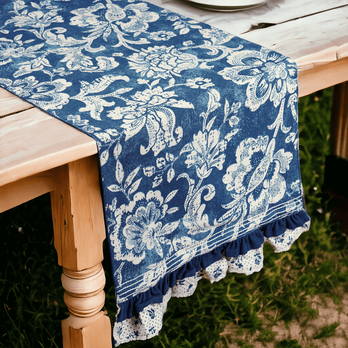 Indigo Blue Dominoterie Bold Floral Block Print Table Runner with Frill Border | 100% Cotton