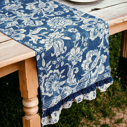 Indigo Blue Dominoterie Bold Floral Block Print Table Runner with Frill Border | 100% Cotton