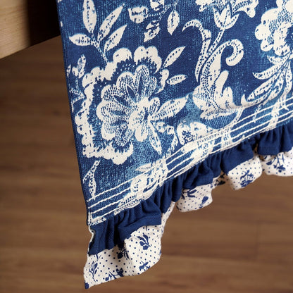 Indigo Blue Dominoterie Bold Floral Block Print Table Runner with Frill Border | 100% Cotton