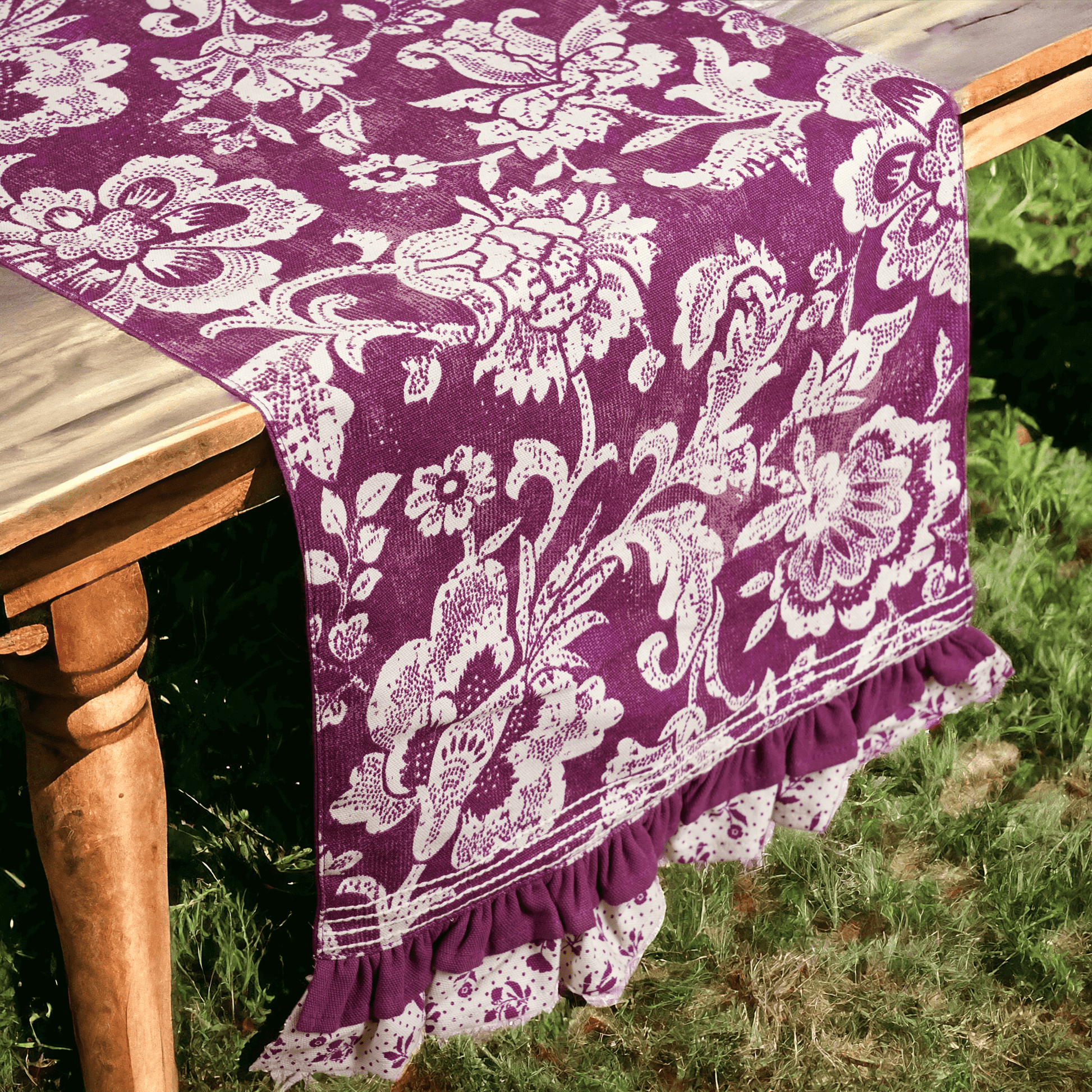 Maroon Plum Cotton Table Runner with Bold Floral Block Print and Frill Border