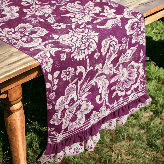 Maroon Plum Cotton Table Runner with Bold Floral Block Print and Frill Border