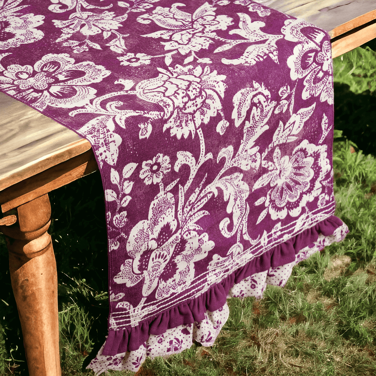Maroon Dominoterie Bold Floral Block Print Table Runner with Frill Border | 100% Cotton