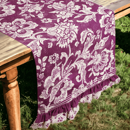 Maroon Dominoterie Bold Floral Block Print Table Runner with Frill Border | 100% Cotton