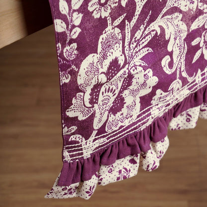 Maroon Dominoterie Bold Floral Block Print Table Runner with Frill Border | 100% Cotton