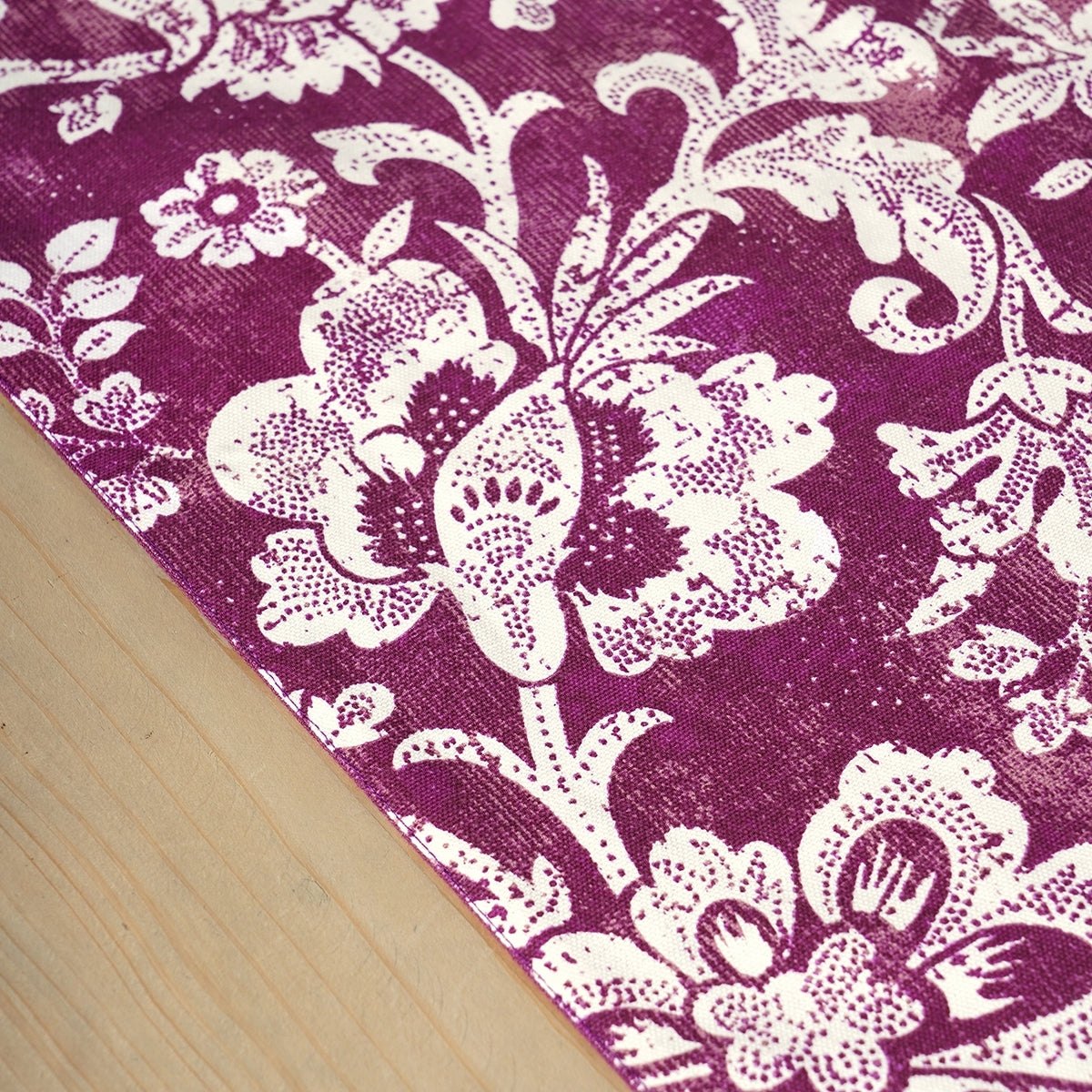 Maroon Plum Cotton Table Runner with Bold Floral Block Print and Frill Border