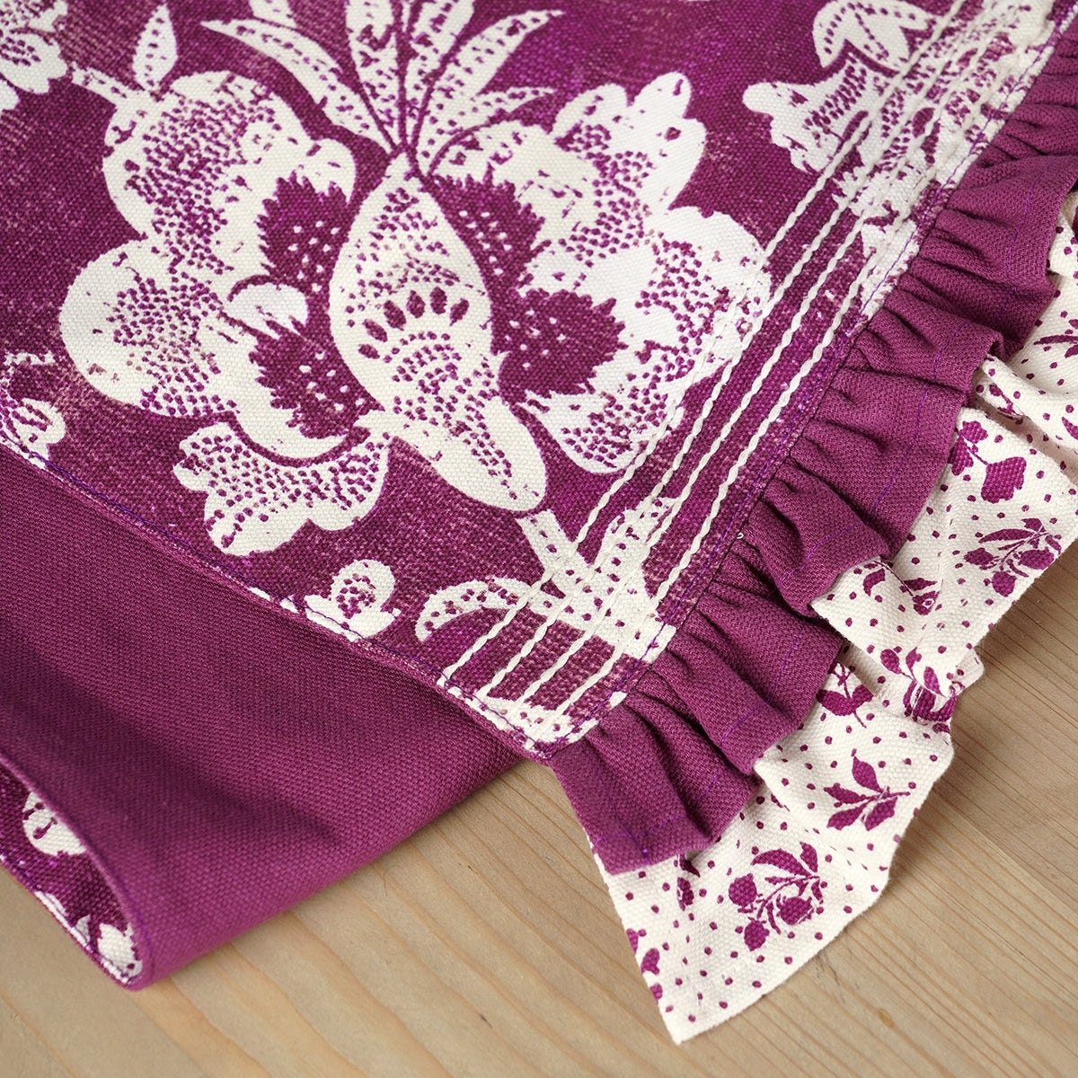Maroon Plum Cotton Table Runner with Bold Floral Block Print and Frill Border