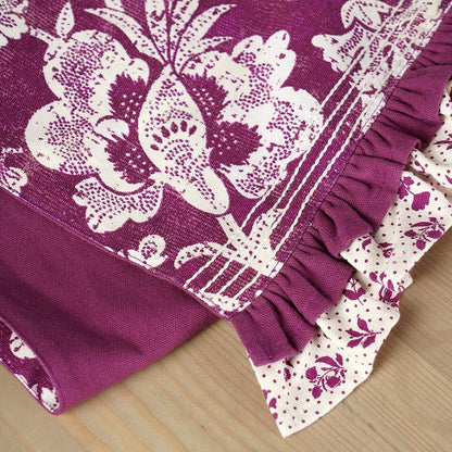 Maroon Plum Cotton Table Runner with Bold Floral Block Print and Frill Border