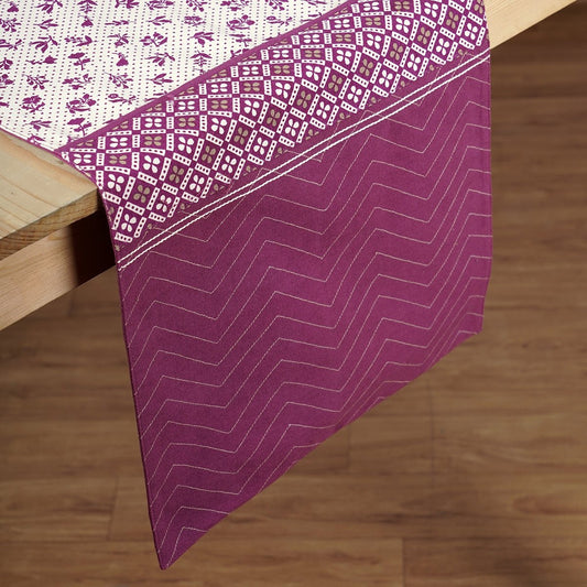 Maroon Cotton Table Runner with Geometric Floral Patchwork Premium Linen
