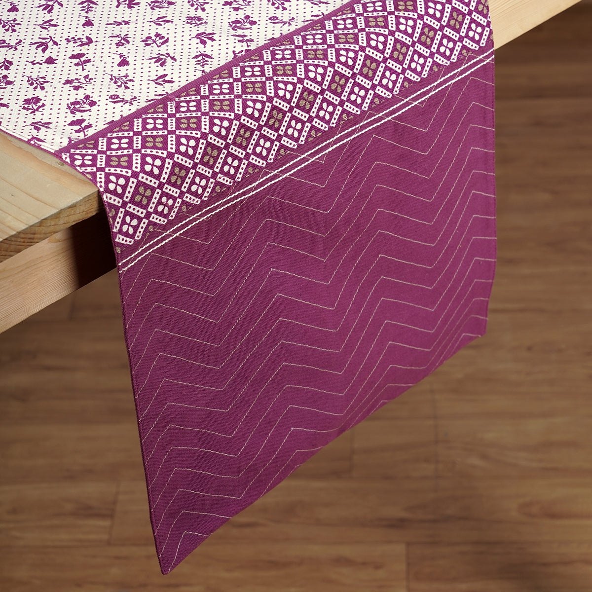 Maroon Dominoterie Floral & Geometric Print Table Runner with Patchwork Border | 100% Cotton