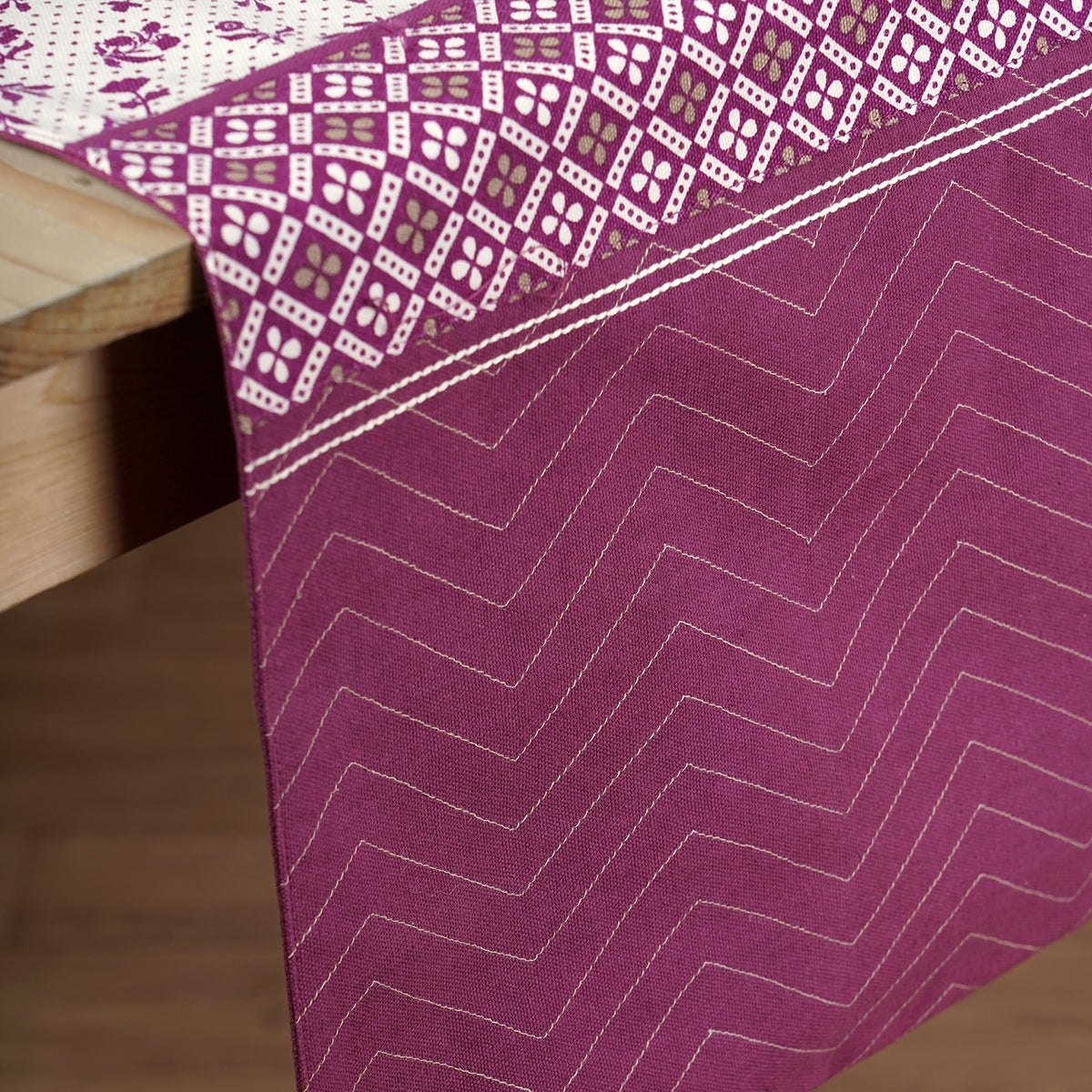 Maroon Dominoterie Floral & Geometric Print Table Runner with Patchwork Border | 100% Cotton
